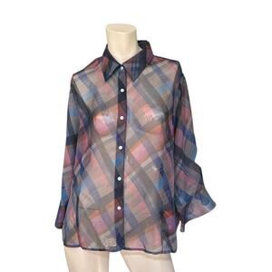 VTG Y2K Nicola Plaid Sheer Blouse Size L Button Down Preppy Dark Academia 90s